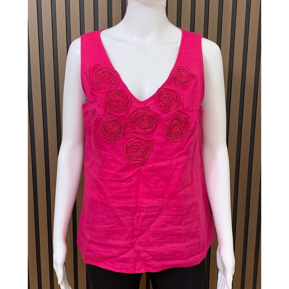 Zoe D Fuchsia Pink 100% Linen Rosette V-Neck Sleeveless Tank‎ Top Womens Size M